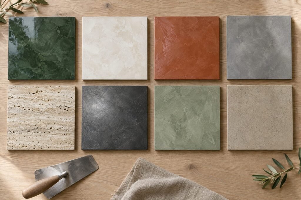 Eight decorative plaster sample boards: green Venetian plaster, white Marmorino, terracotta tadelakt, grey microcement, travertine, charcoal metallic, sage lime wash and sand stone effect