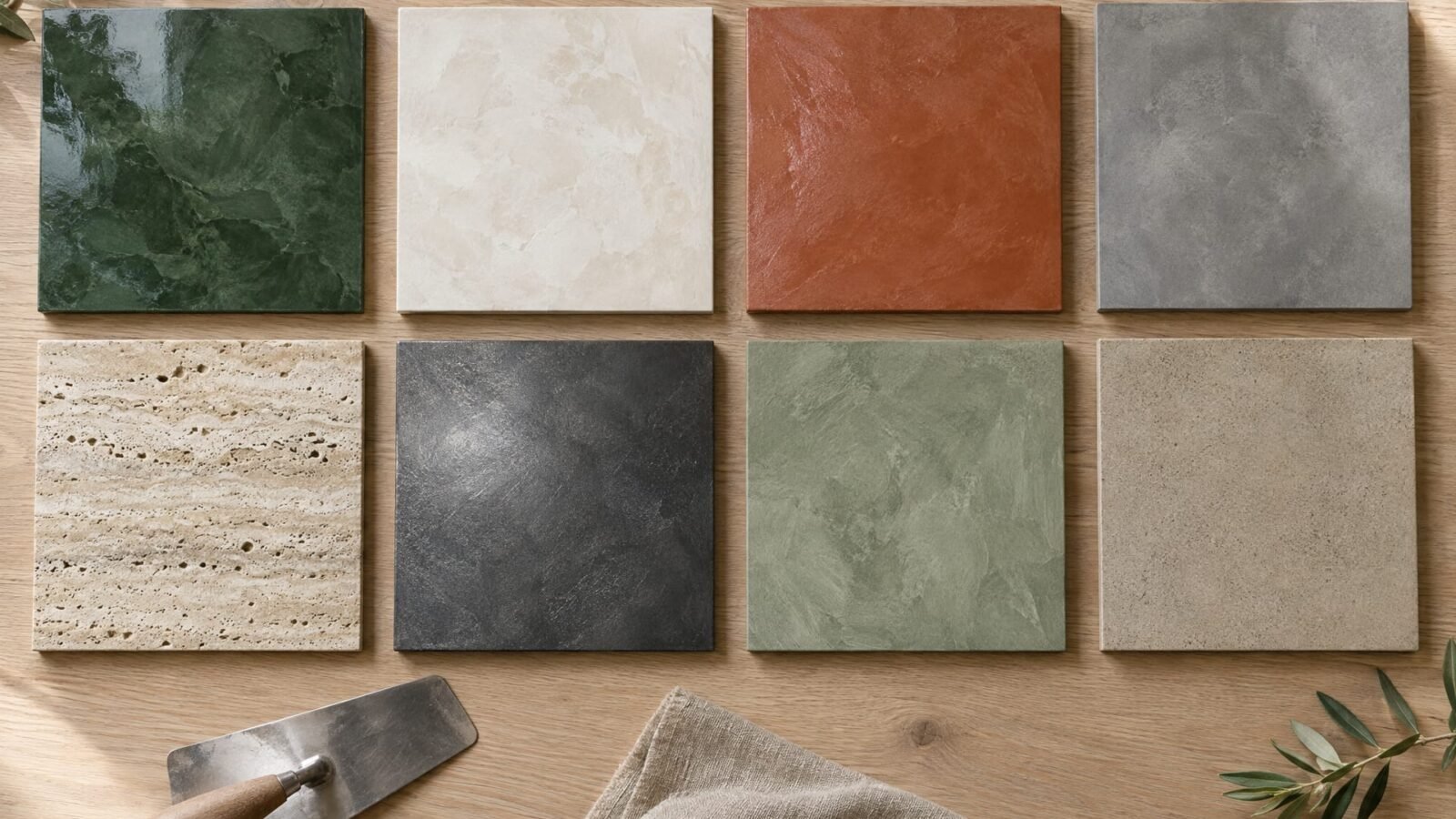 Eight decorative plaster sample boards: green Venetian plaster, white Marmorino, terracotta tadelakt, grey microcement, travertine, charcoal metallic, sage lime wash and sand stone effect
