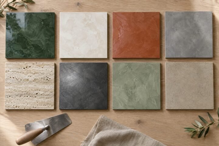 Eight decorative plaster sample boards: green Venetian plaster, white Marmorino, terracotta tadelakt, grey microcement, travertine, charcoal metallic, sage lime wash and sand stone effect