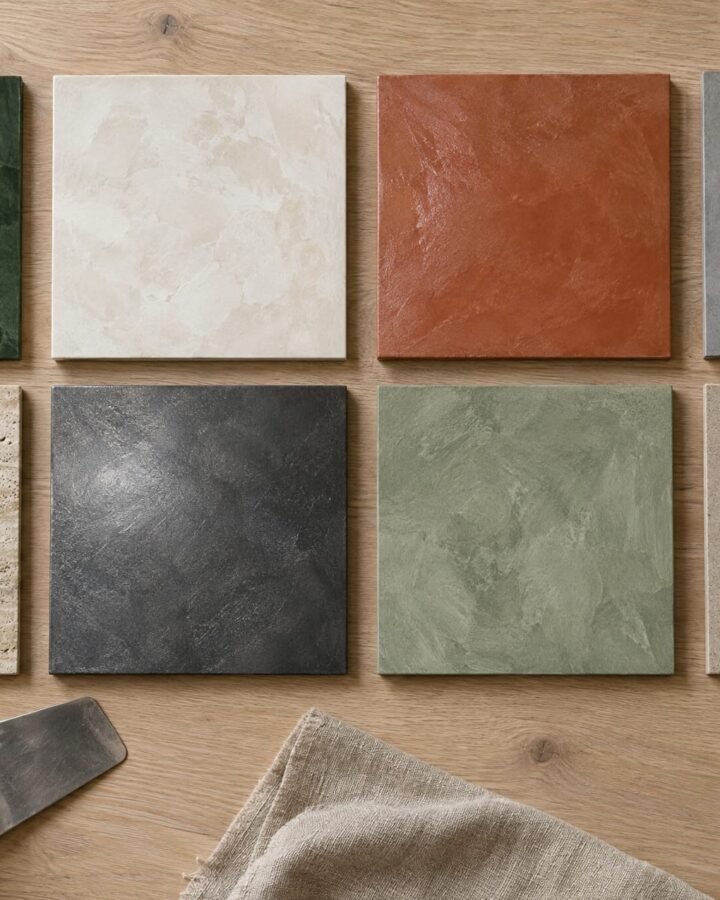 Eight decorative plaster sample boards: green Venetian plaster, white Marmorino, terracotta tadelakt, grey microcement, travertine, charcoal metallic, sage lime wash and sand stone effect