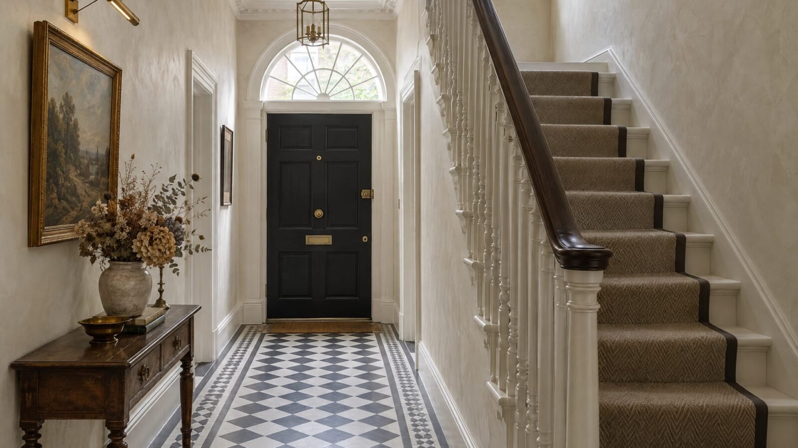 Georgian London entrance hallway and staircase finished in warm white Marmorino lime plaster with black and white floor tiles
