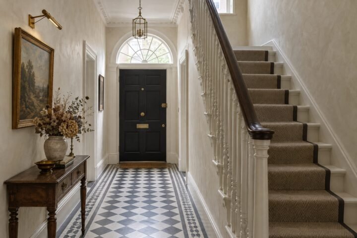 Georgian London entrance hallway and staircase finished in warm white Marmorino lime plaster with black and white floor tiles