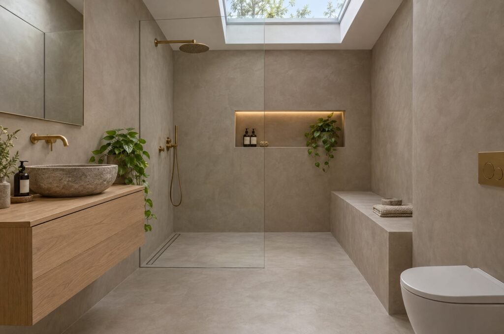 Seamless taupe microcement bathroom with walk-in shower, built-in bench, oak vanity and brushed brass fittings