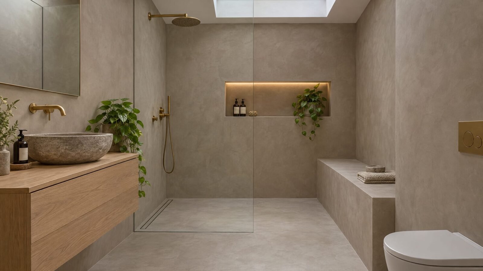 Seamless taupe microcement bathroom with walk-in shower, built-in bench, oak vanity and brushed brass fittings