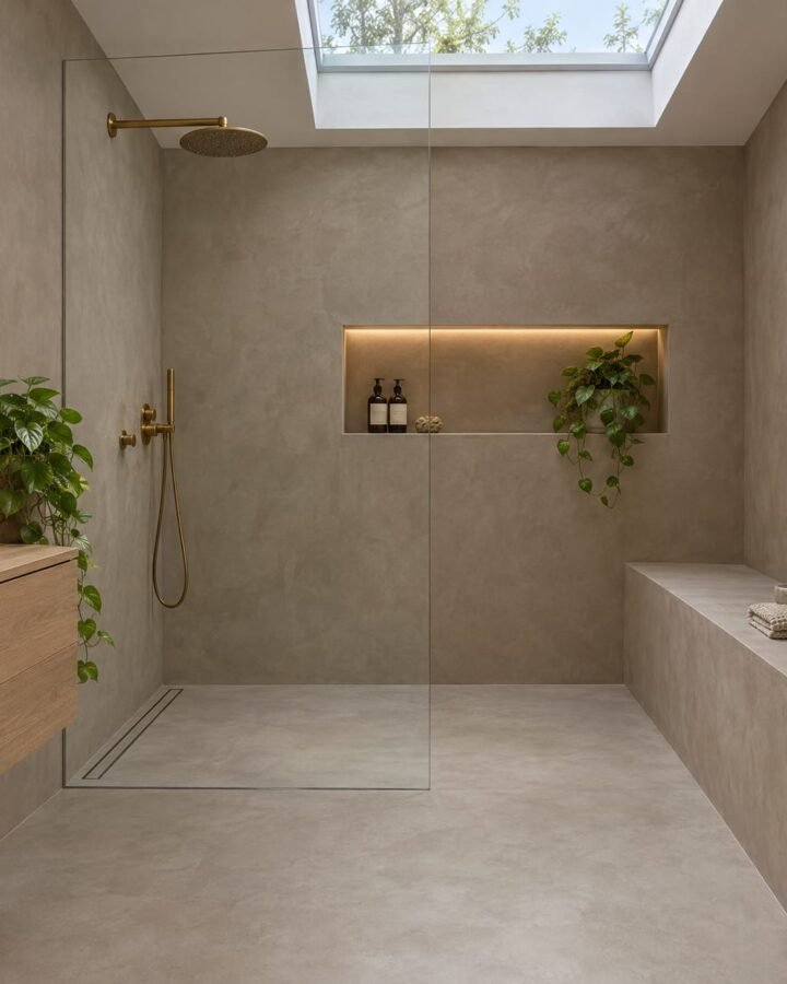 Seamless taupe microcement bathroom with walk-in shower, built-in bench, oak vanity and brushed brass fittings