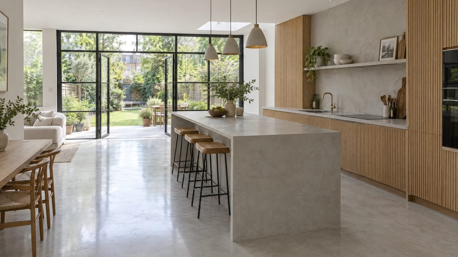 Pale grey seamless microcement floor and island in an open-plan London kitchen extension with steel-framed glass doors