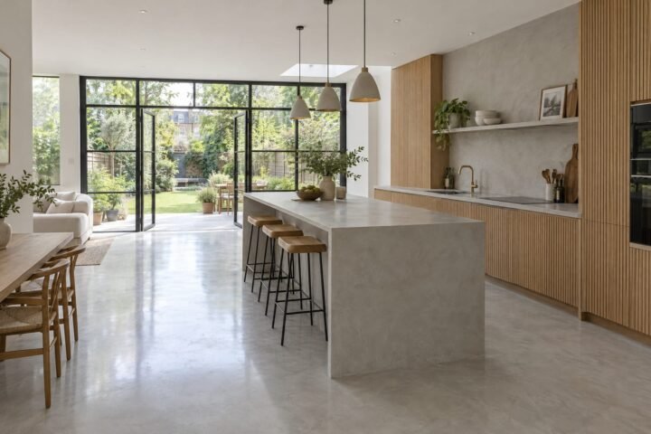 Pale grey seamless microcement floor and island in an open-plan London kitchen extension with steel-framed glass doors