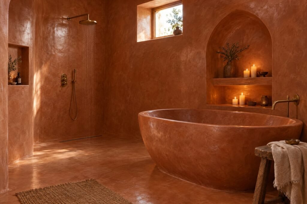 Terracotta tadelakt wet room with a sculpted tadelakt bath, arched niche and brass rain shower