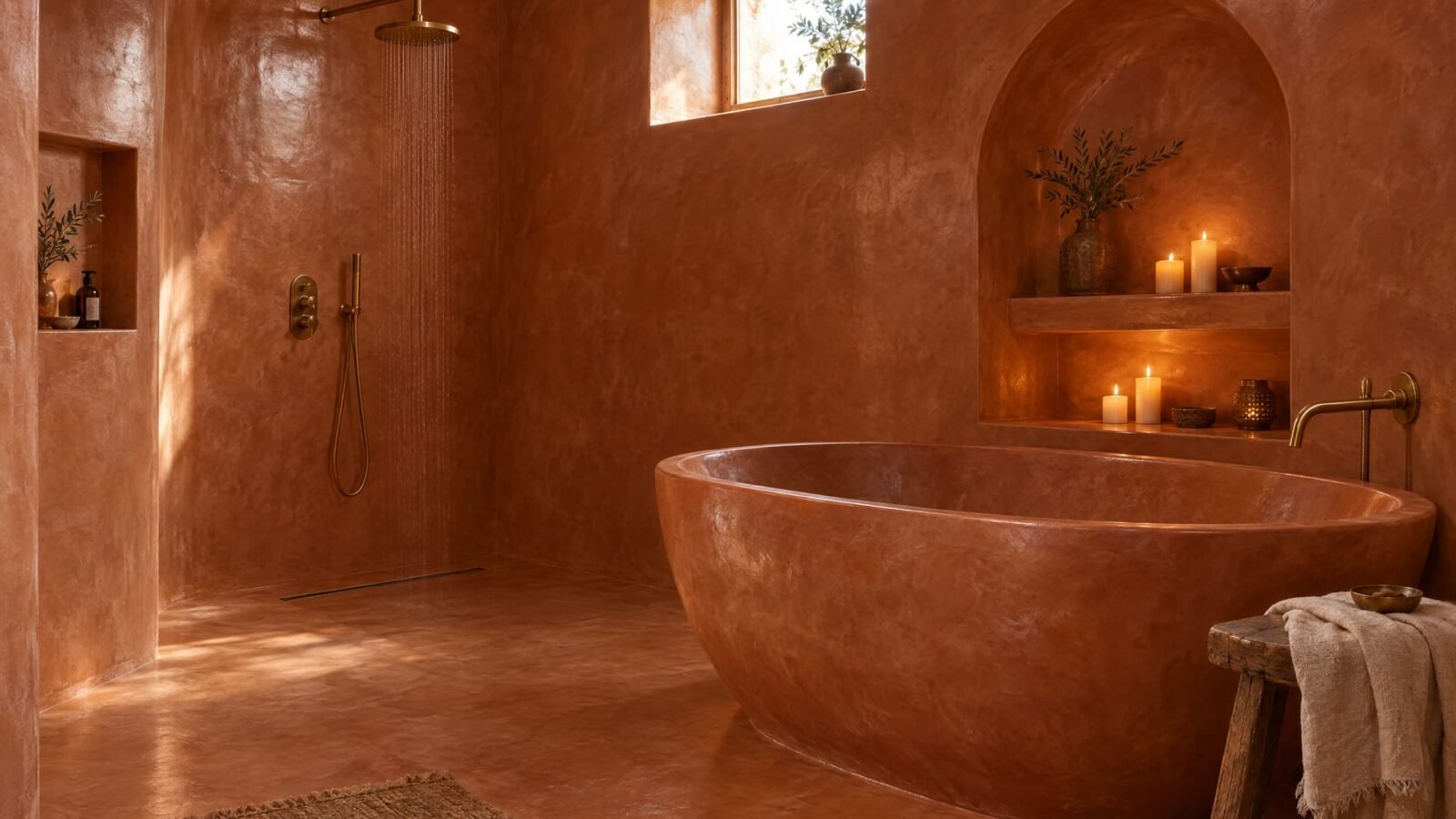 Terracotta tadelakt wet room with a sculpted tadelakt bath, arched niche and brass rain shower