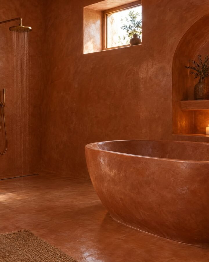 Terracotta tadelakt wet room with a sculpted tadelakt bath, arched niche and brass rain shower