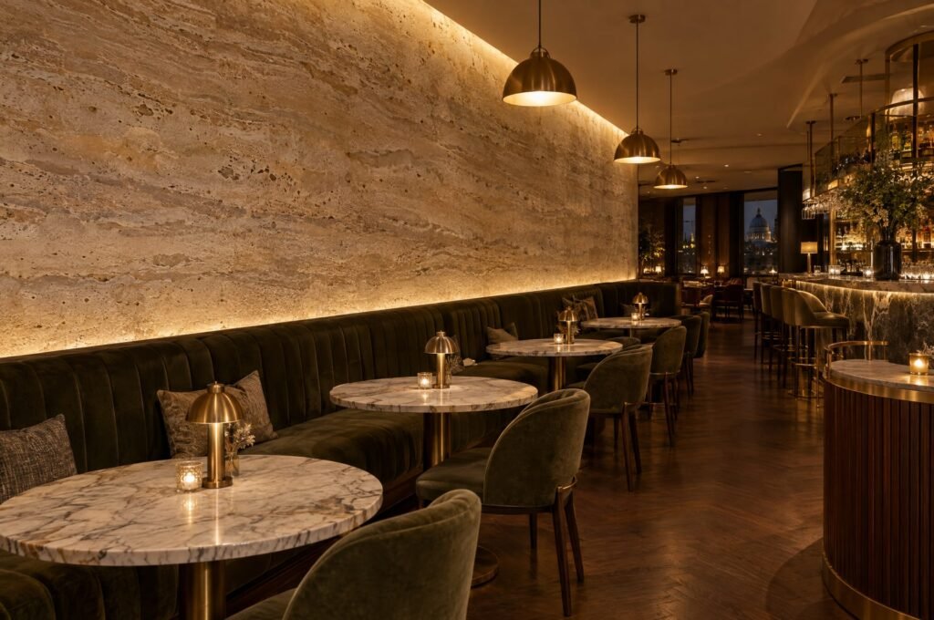 Curved travertine-effect textured lime plaster feature wall in an upscale London restaurant with warm lighting