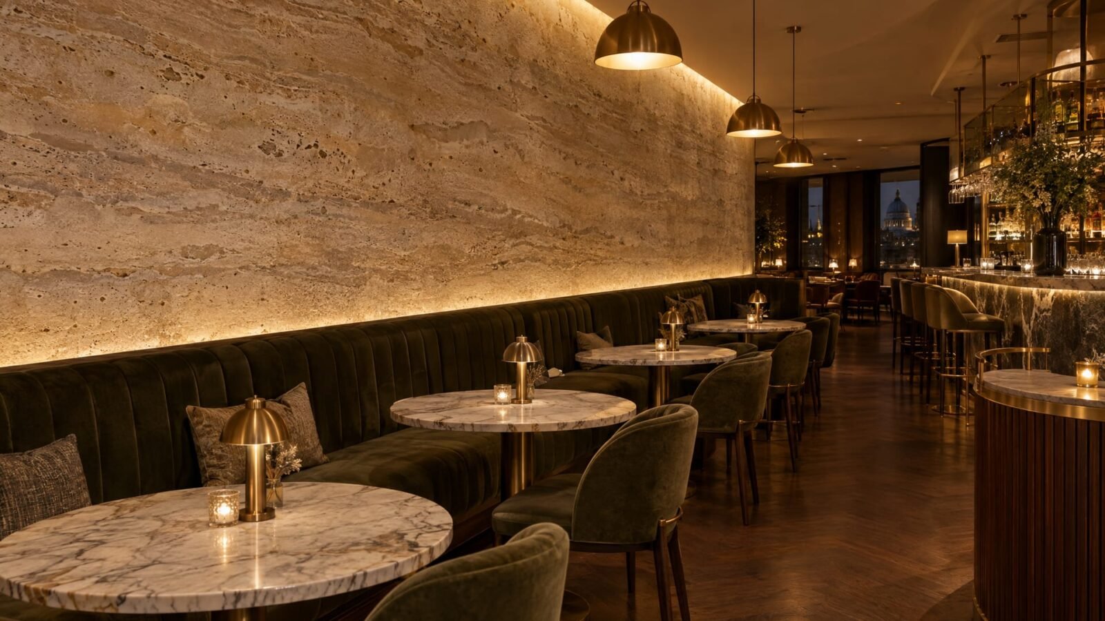 Curved travertine-effect textured lime plaster feature wall in an upscale London restaurant with warm lighting