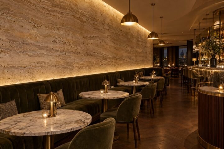 Curved travertine-effect textured lime plaster feature wall in an upscale London restaurant with warm lighting