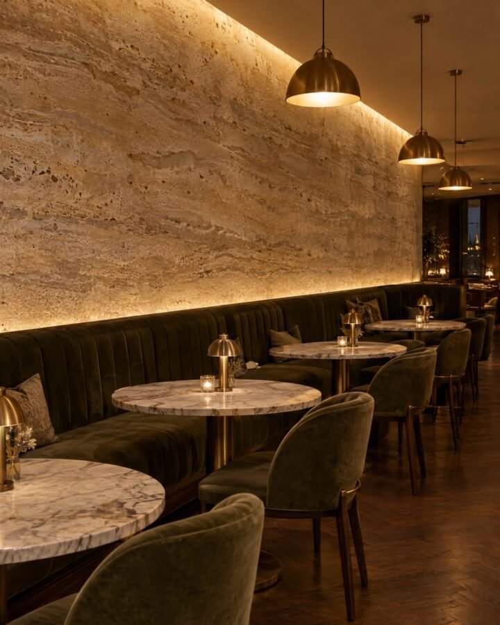 Curved travertine-effect textured lime plaster feature wall in an upscale London restaurant with warm lighting
