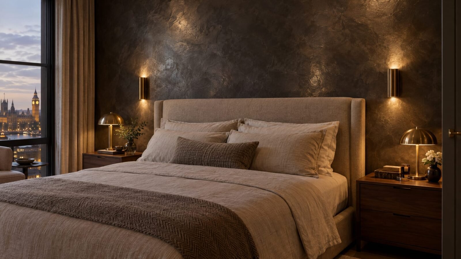Charcoal metallic Venetian plaster feature wall behind a bed in a London apartment bedroom with warm wall lights