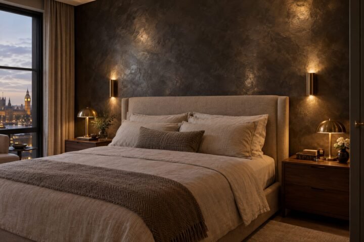 Charcoal metallic Venetian plaster feature wall behind a bed in a London apartment bedroom with warm wall lights