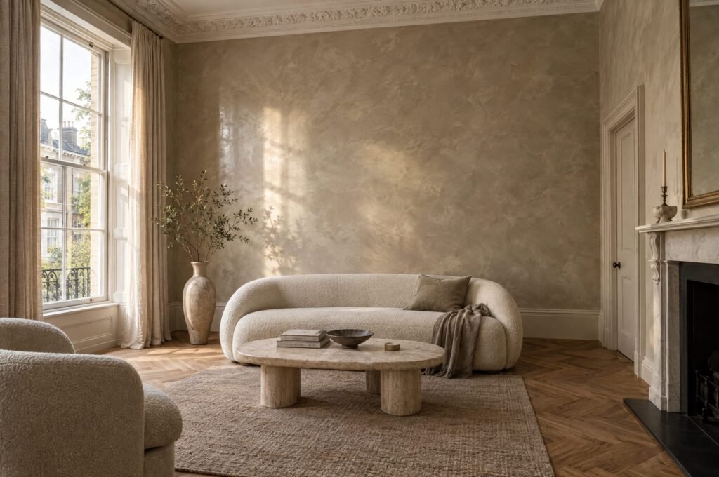 Polished Venetian plaster wall in warm greige in a London Victorian townhouse living room with sash windows and herringbone floor