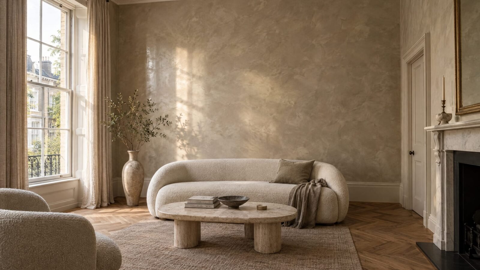 Polished Venetian plaster wall in warm greige in a London Victorian townhouse living room with sash windows and herringbone floor