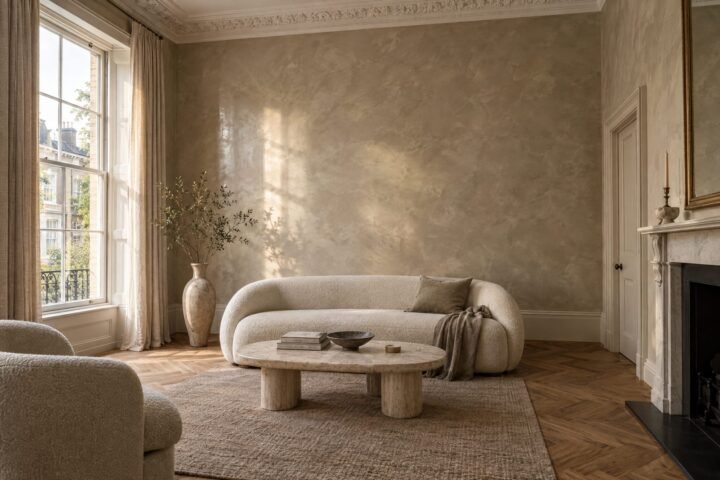 Polished Venetian plaster wall in warm greige in a London Victorian townhouse living room with sash windows and herringbone floor