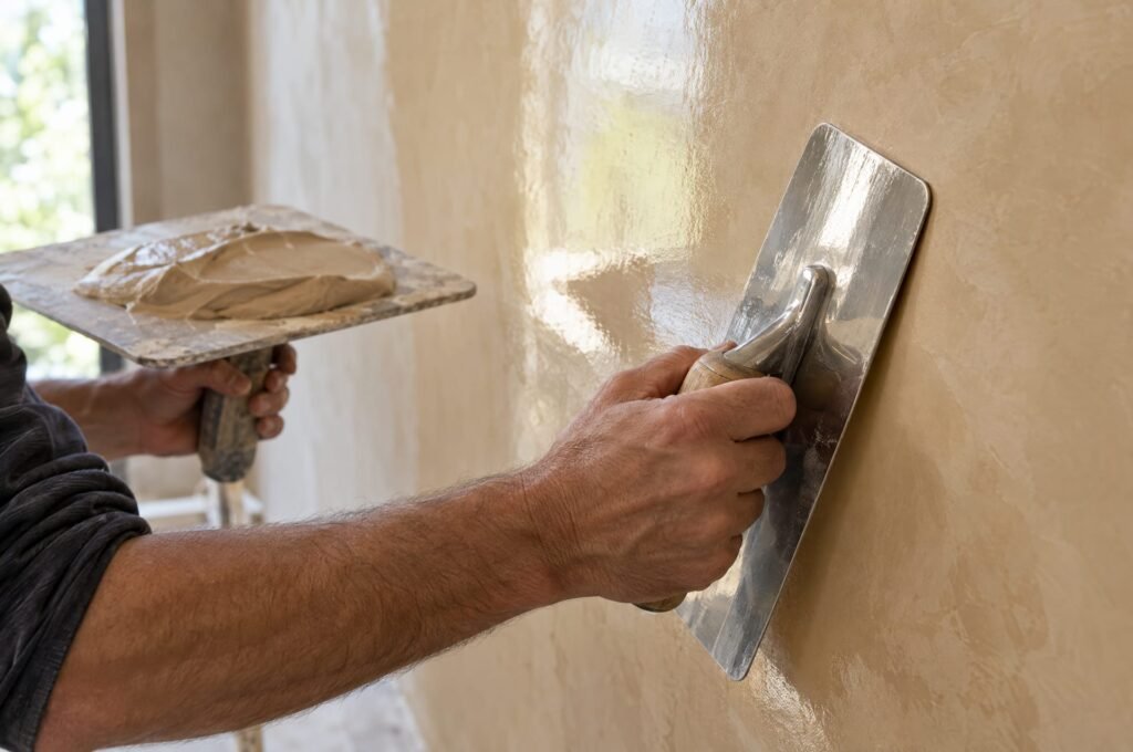 Plasterer's hands burnishing a sand-coloured Venetian plaster wall with a stainless steel trowel