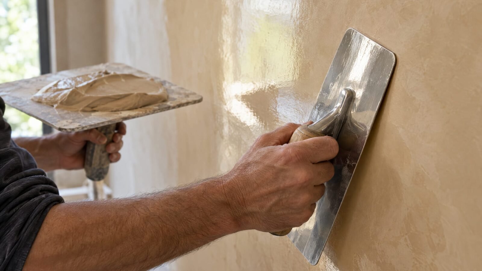 Plasterer's hands burnishing a sand-coloured Venetian plaster wall with a stainless steel trowel