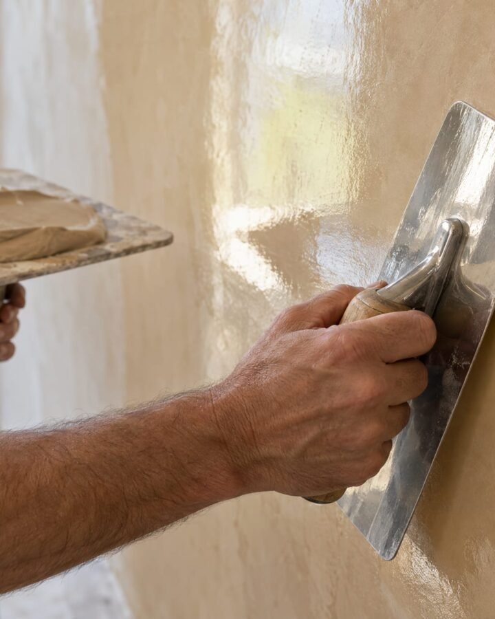 Plasterer's hands burnishing a sand-coloured Venetian plaster wall with a stainless steel trowel
